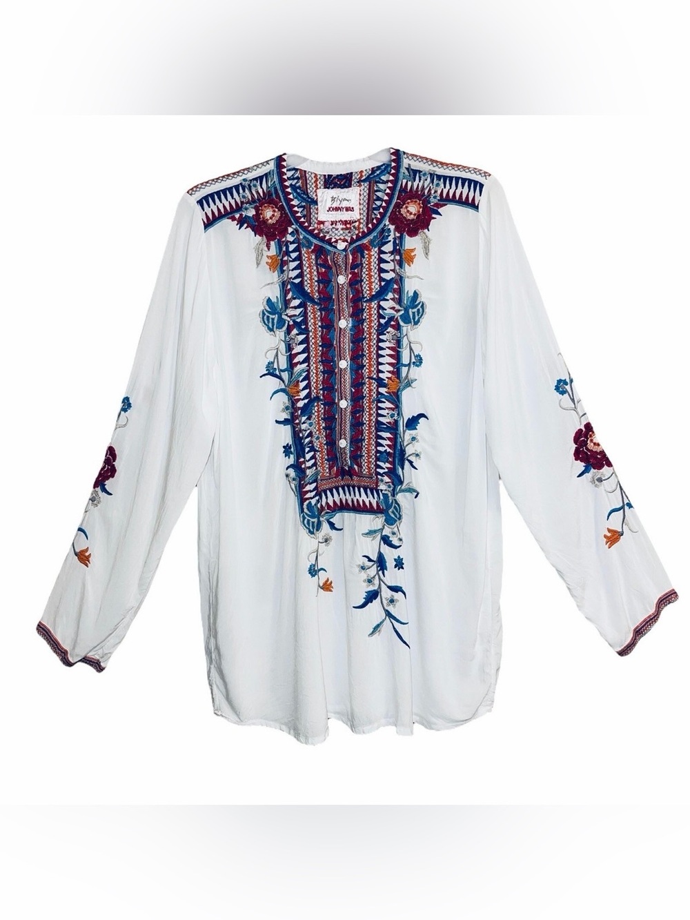Johnny Was White Tunic with Blue & Burgundy Embroidery. Size Large.